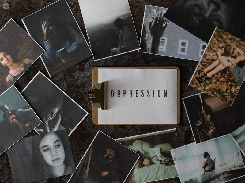 collage di foto con persone tristi e depresse e nel centro un'immagine con la scritta depression